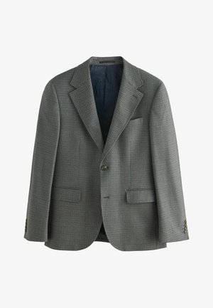 Pilkas raštuotas bleiseris su notch tipo apykakle, vieno mygtuko uždarymu, dviem priekinėms kišenėms ir tekstūruota medžiaga su lygiu vidiniu pamušalu.