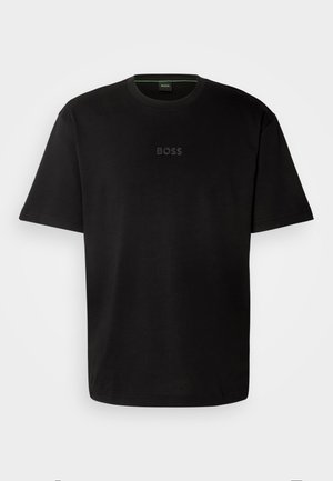 T-shirt in cotone nero con colletto rotondo, maniche corte e logo "BOSS" in rilievo al centro. Design semplice e minimalista.