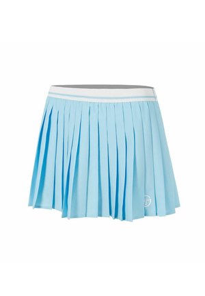 Jupe plissée bleu clair avec taille élastique rayée blanche et un petit logo près de l'ourlet sur un fond blanc uni.