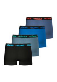Quatre paires de boxers ajustés en noir, bleu foncé, bleu clair et turquoise, avec des ceintures de marque contrastées en noir et bleu.