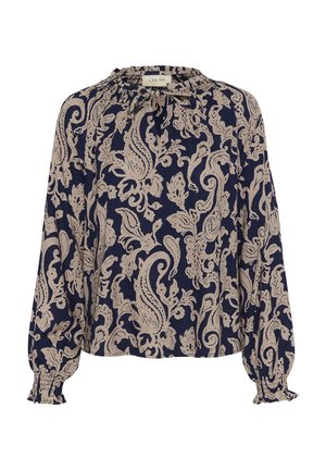 Blouse bleu marine avec un motif paisley crème, col froncé et manches longues avec poignets élastiques, fabriquée en tissu léger.