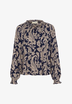 Tumesinine pluus kreemi paisley mustriga, kokku kogutud kaelus ja pikad varrukad elastsete mansettidega, valmistatud kergetest kangast.