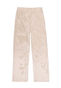 Pantalones de pierna ancha en beige claro con un tejido suave y texturizado que presenta sutiles rayas verticales y una cinturilla elástica.