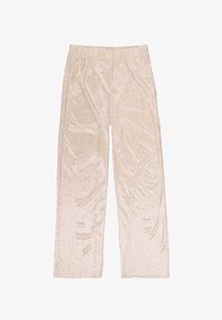 Pantalones de pierna ancha en beige claro con un tejido suave y texturizado que presenta sutiles rayas verticales y una cinturilla elástica.