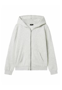 Helle graue Zip-Hoodie aus weichem Material, mit Kapuze, Fronttaschen und gerippten Bündchen. Schlichtes Design ohne markante Muster oder Akzente.