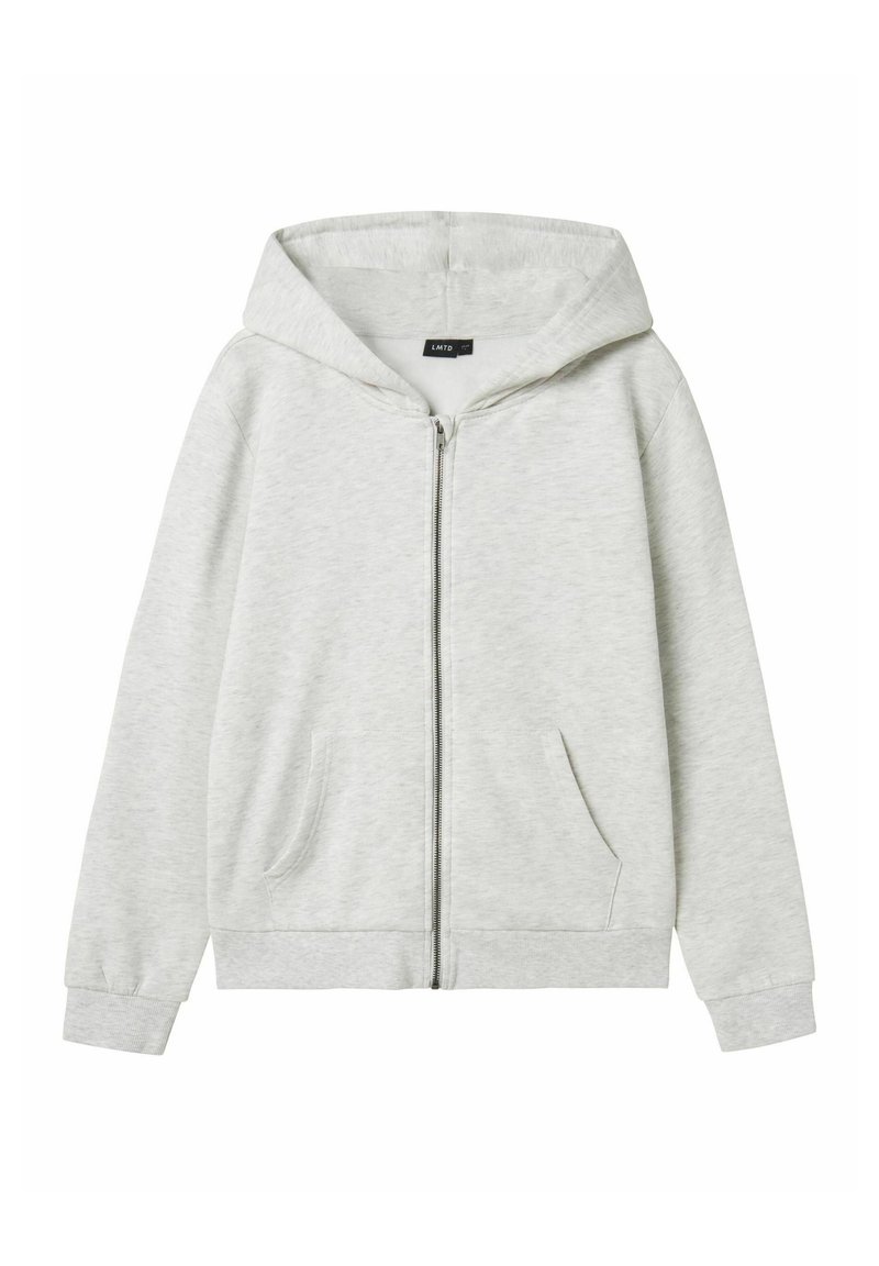 Helle graue Zip-Hoodie aus weichem Material, mit Kapuze, Fronttaschen und gerippten Bündchen. Schlichtes Design ohne markante Muster oder Akzente.