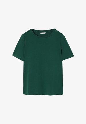 Tricou din bumbac verde, cu decolteu rotund și mâneci scurte, cu o croială lejeră și o textură netedă. Fără modele sau accente vizibile.