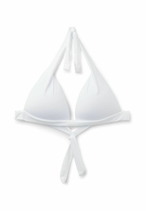Weißes Bikinioberteil in Dreiecksform mit Neckholder und Bindverschluss am Rücken, vor weißem Hintergrund dargestellt.