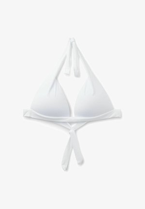 Hvid trekants-bikinitop med halterneck og bindelukning bagpå, vist mod en hvid baggrund.