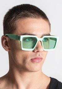 Gafas de sol rectangulares en verde menta con montura gruesa, lentes grandes y detalles en acero inoxidable. Llevadas por una modelo con cabello corto.