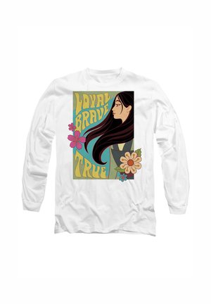White long-sleeve shirt featuring a colorful graphic design with a woman, flowers, and the text "Loyal Brave True" in bold letters.