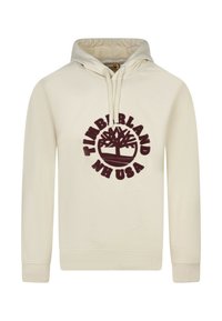 Hoodie crema con coulisse, tasca a marsupio frontale e grande logo maroon Timberland centrato sul petto. Materiale in misto cotone.