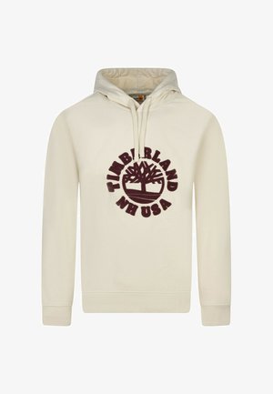 Hoodie crema con coulisse, tasca a marsupio frontale e grande logo maroon Timberland centrato sul petto. Materiale in misto cotone.