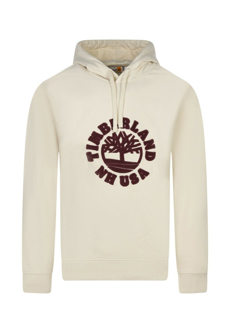 Hoodie crema con coulisse, tasca a marsupio frontale e grande logo maroon Timberland centrato sul petto. Materiale in misto cotone.