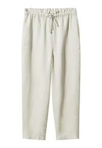Pantalon beige clair décontracté avec ceinture élastique et cordon de serrage, coupe droite, en tissu doux et léger.