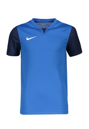 Blå sportstrøje med mørk marineblå korte ærmer og et hvidt Nike swoosh-logo på højre bryst.