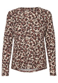 T-shirt à manches longues avec un col rond, présentant une base beige et des taches de léopard marron foncé, fabriqué en tissu doux et texturé.