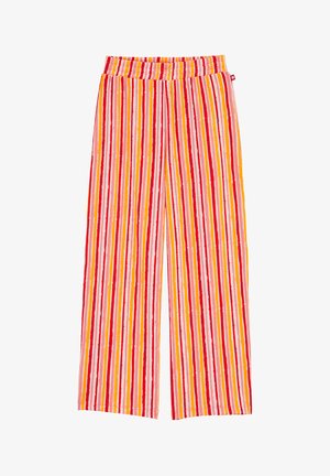 Platas dibena bikses ar elastīgu jostu, ar vertikālām svītrām sarkanos, oranžos, dzeltenos un rozā toņos, izgatavotas no mīkstas auduma.