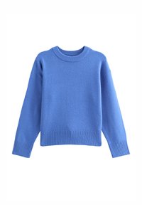 Jersey de punto azul con cuello redondo, puños y bajo acanalados. Textura suave y ajuste holgado. Mangas largas y diseño minimalista.