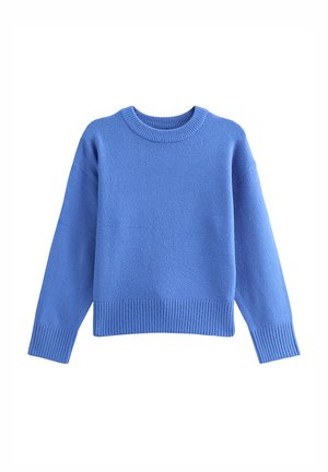 Blauwe gebreide trui met een ronde hals, geribbelde boorden en zoom. Zachte textuur en losse pasvorm. Lange mouwen en minimalistisch ontwerp.