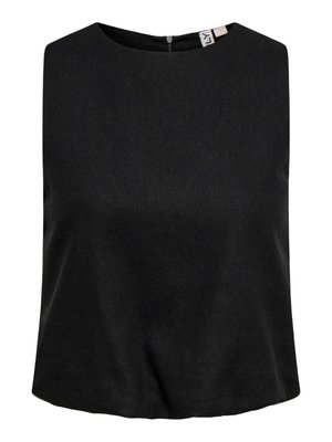 Haut court noir sans manches avec un col rond et une fermeture éclair au dos, en tissu lisse.