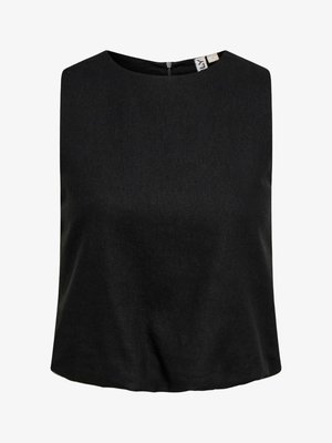 Haut court noir sans manches avec un col rond et une fermeture éclair au dos, en tissu lisse.