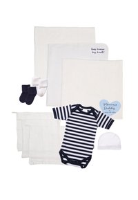 Set includes three white cotton muslin blankets, a navy and white striped onesie, a white hat, and two pairs of socks in navy and white.