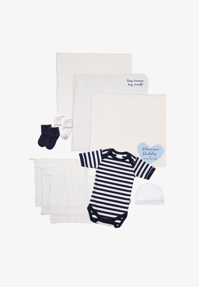 Set includes three white cotton muslin blankets, a navy and white striped onesie, a white hat, and two pairs of socks in navy and white.