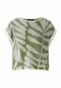 Groen en witte losse top, met een gestructureerde brei en een bladerenpatroon, brede mouwen en een ronde halslijn.