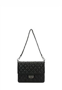 Sac à main matelassé noir en cuir avec une forme rectangulaire, une bandoulière en chaîne et un fermoir en métal orné d'accents rectangulaires.