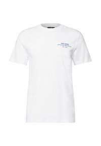 Bílá bavlněná tričko s krátkým rukávem, na přední straně s modrým textovým grafikou, která říká "NEJLEPŠÍ MOŘSKÉ PLODY CTĚTE ÚSTŘICE".