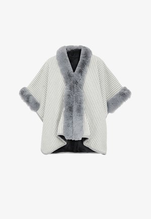 Grå hounds-tooth-mønstret poncho med en fluffy grå krave og manchetter. Blødt, struktureret stof med en sort inderside og åben frontdesign.