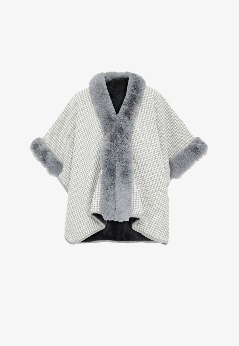 Grau kariertes Poncho mit einem flauschigen grauen Kragen und Bündchen. Weicher, struktureller Stoff mit einem schwarzen Innenfutter, offenes Vorderdesign.