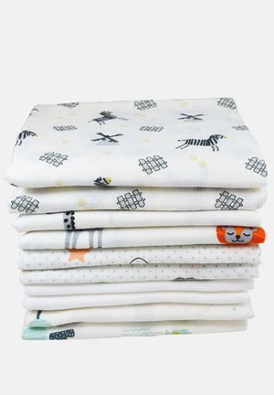 Set of eight cotton muslin swaddles, featuring various animal and pattern prints in pastel colors, soft texture, and breathable design.