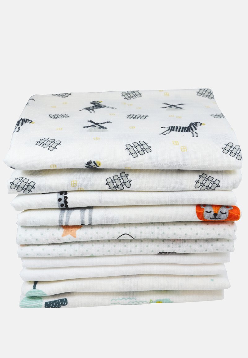 Set von acht Baumwoll-Muslin-Decken, die mit verschiedenen Tier- und Musterprints in sanften Farben gestaltet sind, mit weicher Textur und atmungsaktivem Design.