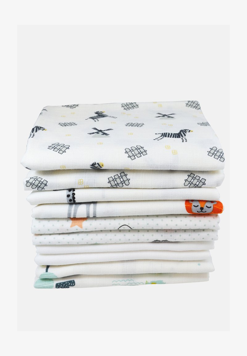 Set van acht katoenen muslin swaddles, met verschillende dieren- en patroonprints in pastelkleuren, zachte textuur en ademontwerp.