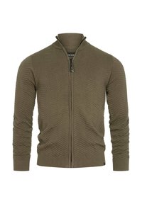 Khaki zip-up cardigan made of textured knit fabric with a chevron pattern, ribbed collar, cuffs, and hem. Features a logo tag at the neck.