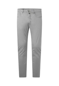 Grijze katoenen broek met een rechte pijpdesign, voorzien van voorzakken, een ritssluiting en een enkele knoopsluiting. Gladde textuur, casual stijl.