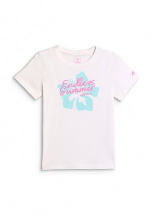 Biała koszulka z krótkim rękawem z niebieskim kwiatem hibiskusa i różowym napisem „Endless Summer Sunny Days” z przodu.