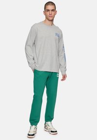 Maglietta grigia a maniche lunghe con logo blu sul petto e sulla manica, abbinata a pantaloni della tuta verdi con logo bianco. Calzature: sneakers multicolori.