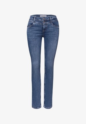 Jeans blu slim fit con chiusura a doppio bottone, tasche anteriori e posteriori, e dettagli sfumati sobri.