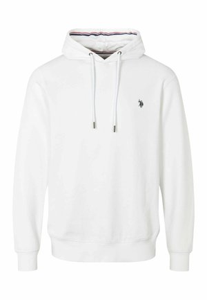 Valge puuvillane kapuutsiga sviiter, millel on soonikserv ja mansetid, nööridega ning väike logo rinnal. Siseosa on kaunistatud kontrastsete triibuliste kangastega.