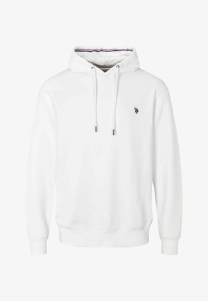 Valge puuvillane kapuutsiga sviiter, millel on soonikserv ja mansetid, nööridega ning väike logo rinnal. Siseosa on kaunistatud kontrastsete triibuliste kangastega.