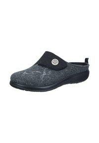 Gray felt clog with black fabric strap and button detail. Features white embroidered accents on the front and a rubber sole for durability.