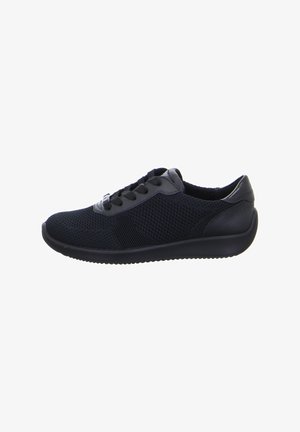 Black athletic shoes featuring a mesh upper and leather accents, with a rounded toe, textured sole, and six lace eyelets.