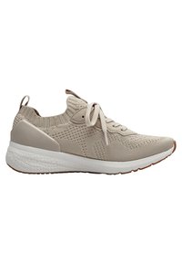 Baskets légères beige en maille avec col type chaussette, semelle blanche amortissante, laçage à l'avant et semelle extérieure en caoutchouc marron.