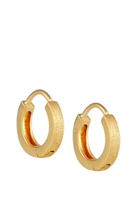 Guldøreringe med en tekstureret overflade, rund form og hængelås. Indersiden er glat og poleret.