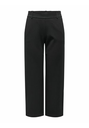 Pantalon noir à jambes larges avec passants pour ceinture et taille élastique, doté de poches latérales et d'une coupe droite.