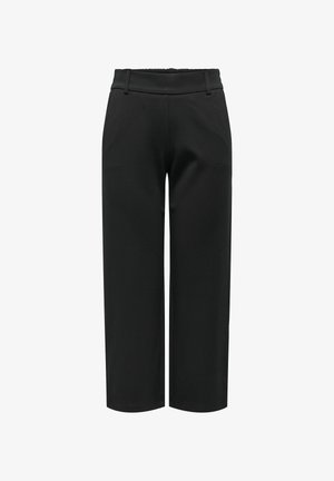 Fekete, széles szárú nadrág övbújtatóval és rugalmas derékrésszel, oldalzsebekkel és egyenes szabással.
