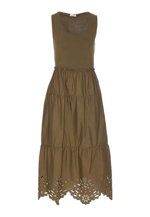 Abito senza maniche verde oliva con design a strati, caratterizzato da ricami floreali intagliati all'orlo, realizzato in tessuto leggero.
